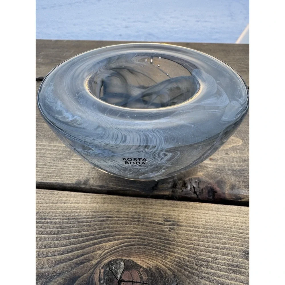 Kosta Boda Art Glass Grey Smoke Swirl Atoll Candle Votive Bowl Scandinavian